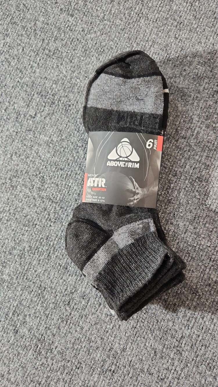Above the Rim ATR Mens Quarter Athletic Performance Socks 6-Pack Black Grey Shoe